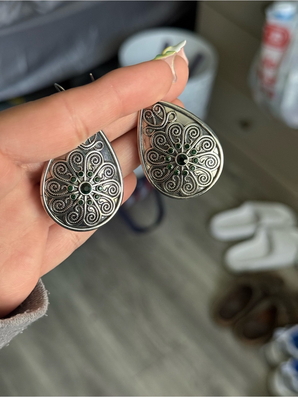 Silver Teardrop Filigree Earrings with Green Accents - Women Jewelry